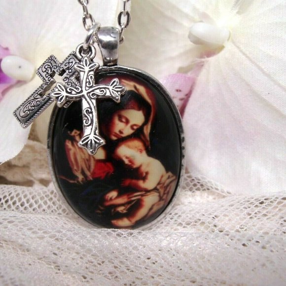 fancy fox Jewelry - Mary Jesus Nativity Cross Rosary Necklace Pendant